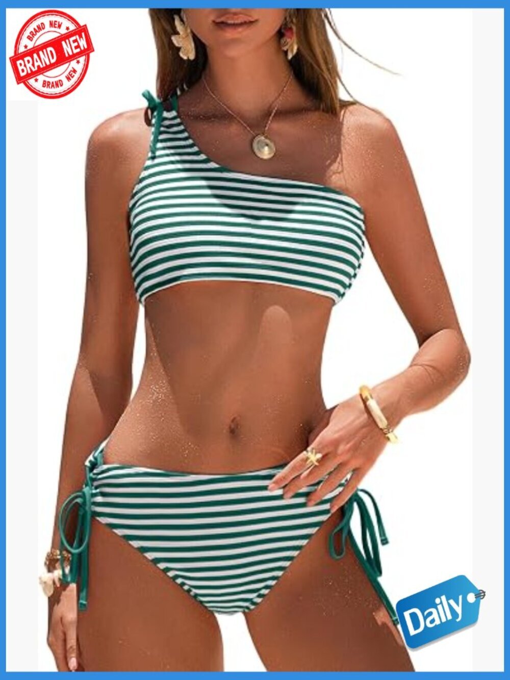 One Shoulder Bikini Set High Waisted Tummy Control Double Straps
